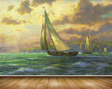 Avikalp MWZ2896 Clouds Sea Boats Island Water Ocean Painting HD Wallpaper
