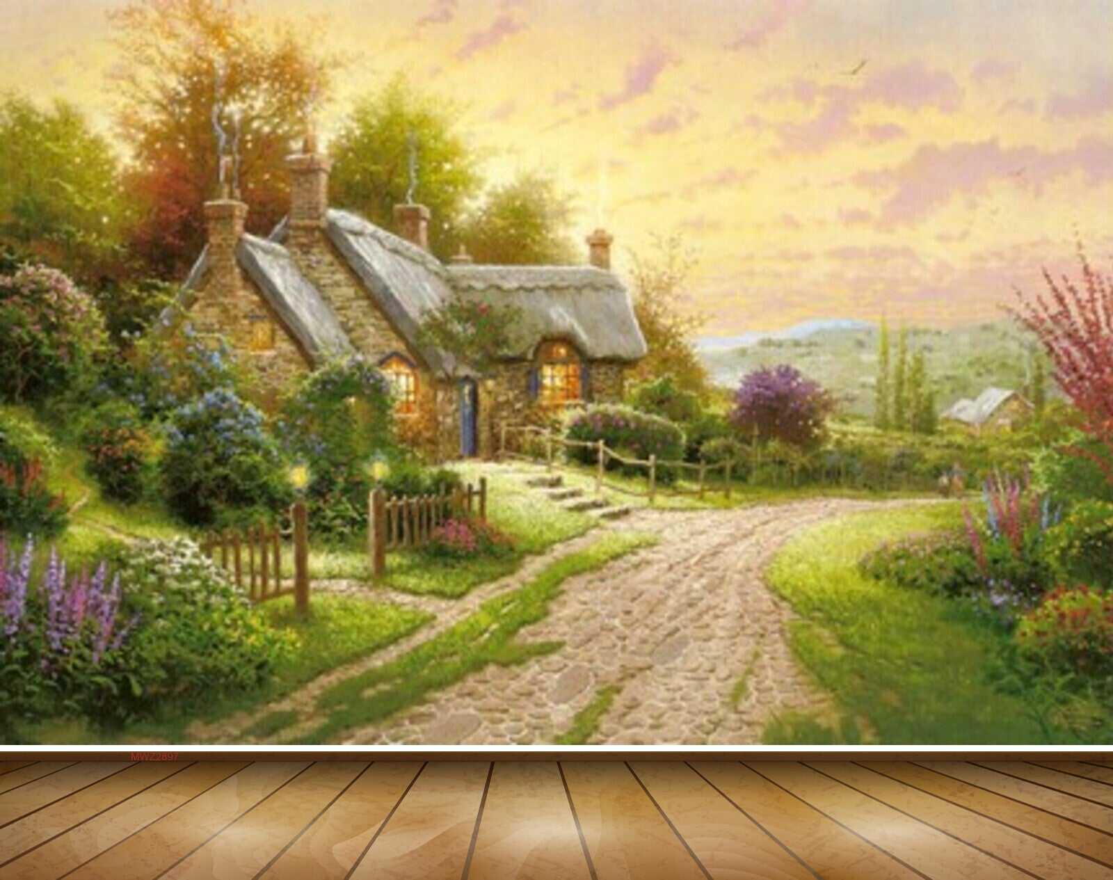 Avikalp MWZ2897 Clouds House Trees Flowers Grass Plants Off Road Painting HD Wallpaper