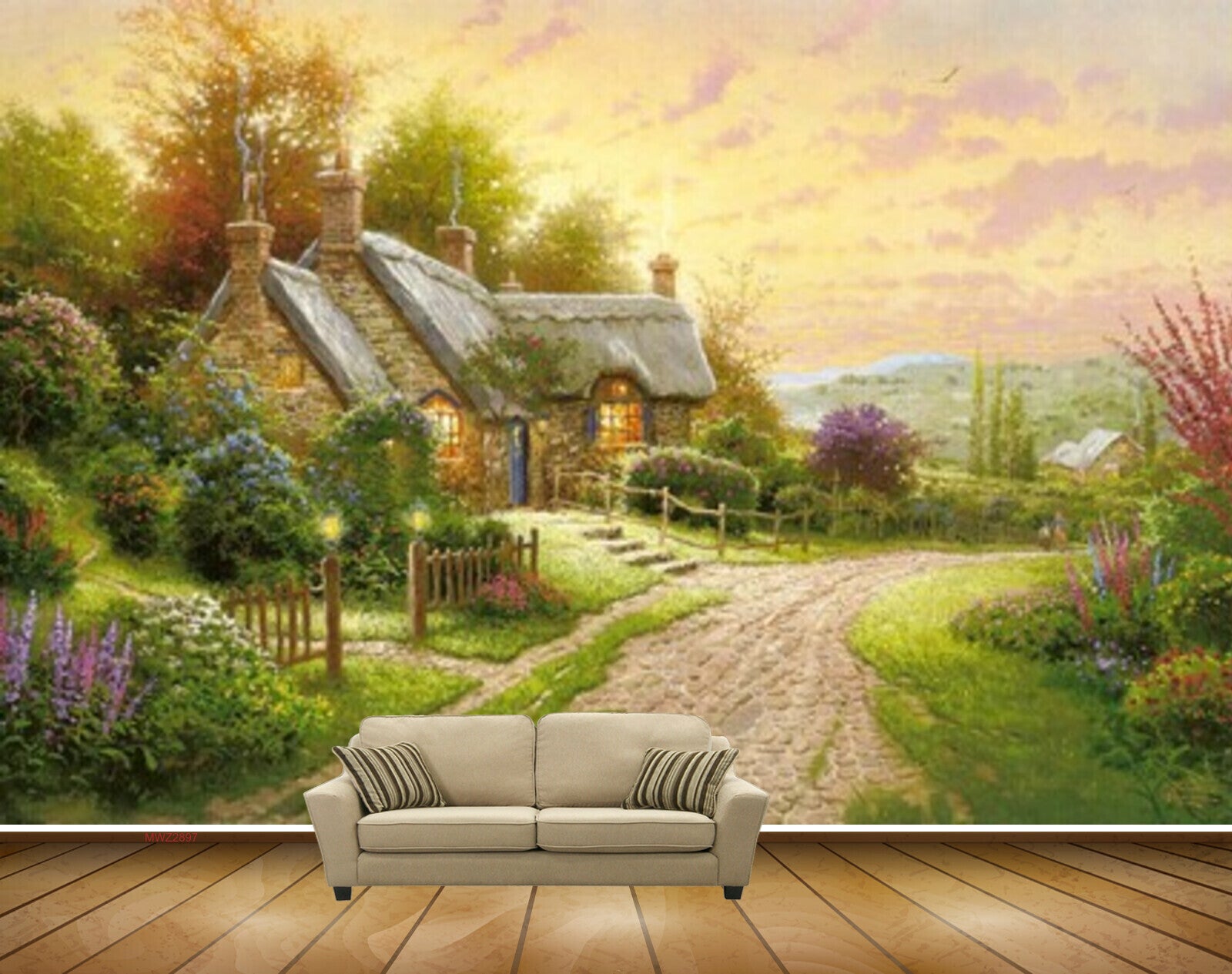 Avikalp MWZ2897 Clouds House Trees Flowers Grass Plants Off Road Painting HD Wallpaper