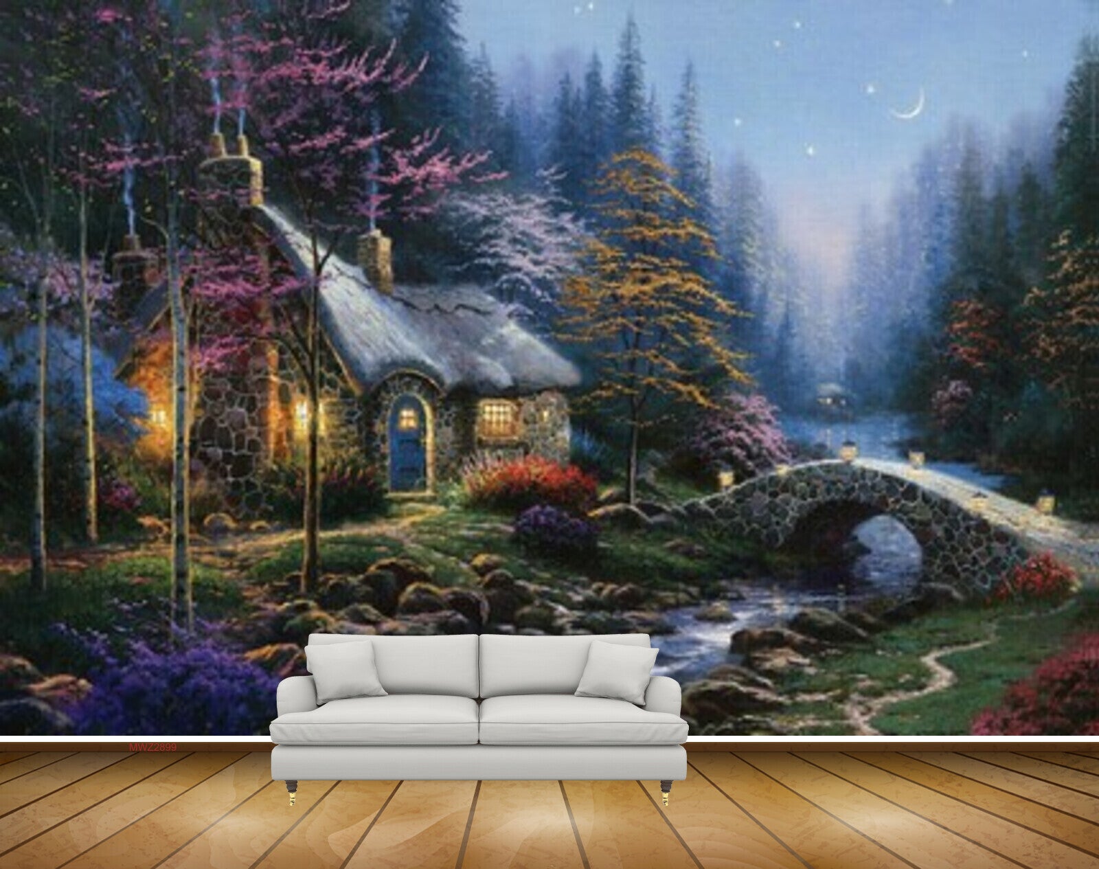 Avikalp MWZ2899 Moon Strars Night Sky House Trees Grass Bridge Stones River Pond Water Light Painting HD Wallpaper