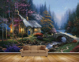 Avikalp MWZ2899 Moon Strars Night Sky House Trees Grass Bridge Stones River Pond Water Light Painting HD Wallpaper