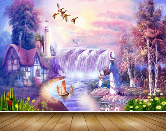 Avikalp MWZ2900 Clouds Waterfalls House Lake River Water Flowers Girl Birds Plants Trees Sun Painting HD Wallpaper