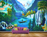 Avikalp MWZ2901 Mountains Waterfalls Trees Deers Boats Flowers Plants Ducks Cranes Birds River Lake Water Painting HD Wallpaper