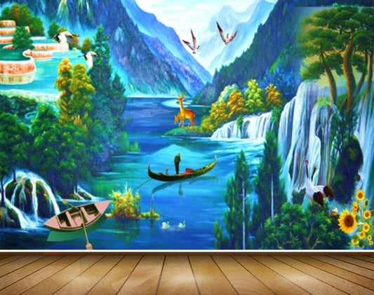 Avikalp MWZ2901 Mountains Waterfalls Trees Deers Boats Flowers Plants Ducks Cranes Birds River Lake Water Painting HD Wallpaper