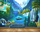 Avikalp MWZ2901 Mountains Waterfalls Trees Deers Boats Flowers Plants Ducks Cranes Birds River Lake Water Painting HD Wallpaper