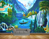 Avikalp MWZ2901 Mountains Waterfalls Trees Deers Boats Flowers Plants Ducks Cranes Birds River Lake Water Painting HD Wallpaper