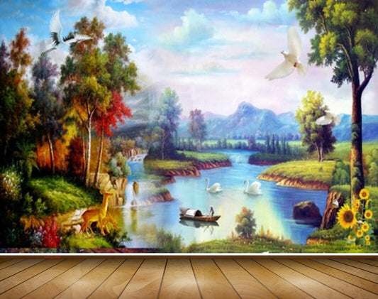 Avikalp MWZ2902 Trees Deers Birds Lake River Water Boat Mountains Ducks Grass Flowers Plants Painting HD Wallpaper