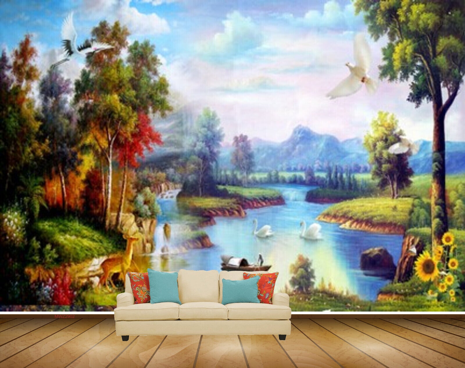 Avikalp MWZ2902 Trees Deers Birds Lake River Water Boat Mountains Ducks Grass Flowers Plants Painting HD Wallpaper