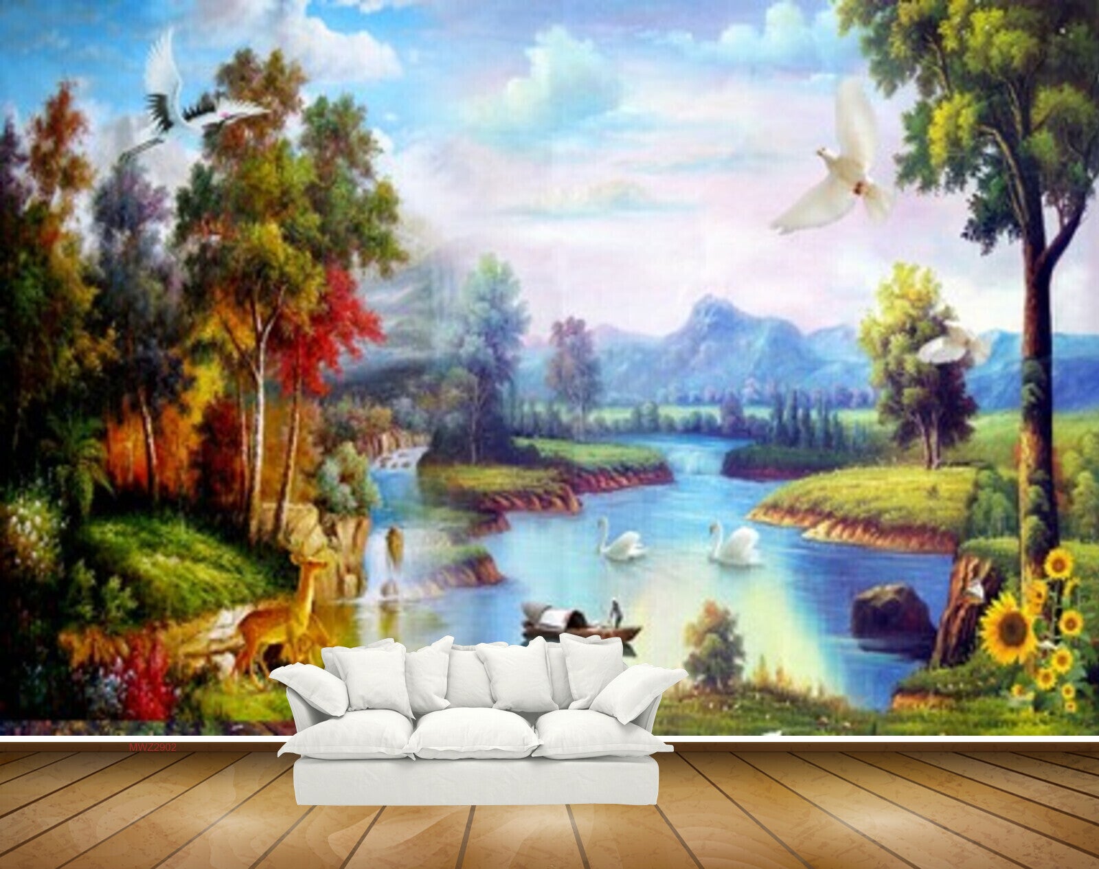 Avikalp MWZ2902 Trees Deers Birds Lake River Water Boat Mountains Ducks Grass Flowers Plants Painting HD Wallpaper