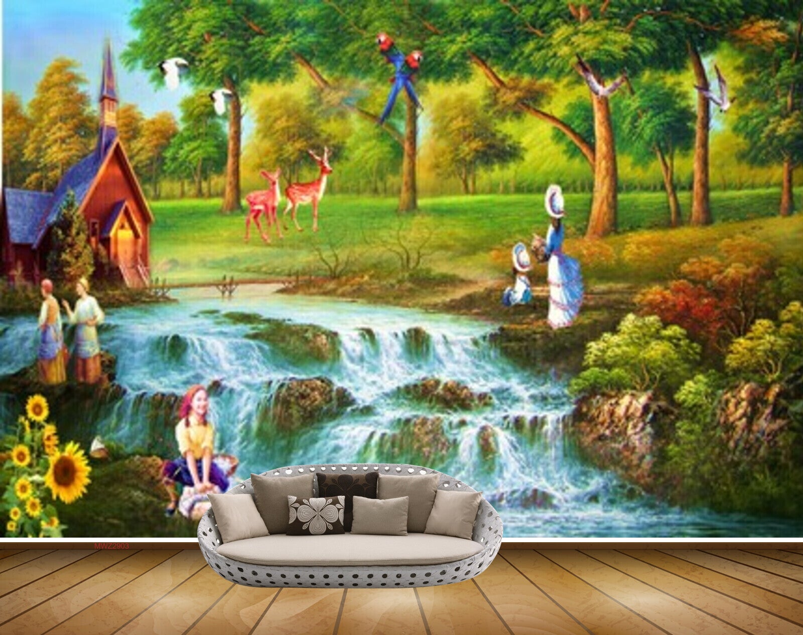 Avikalp MWZ2903 Waterfalls Lake RIver Pond Water People Trees Deers Sun Flowers House Stones Plants Painting HD Wallpaper