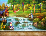 Avikalp MWZ2903 Waterfalls Lake RIver Pond Water People Trees Deers Sun Flowers House Stones Plants Painting HD Wallpaper