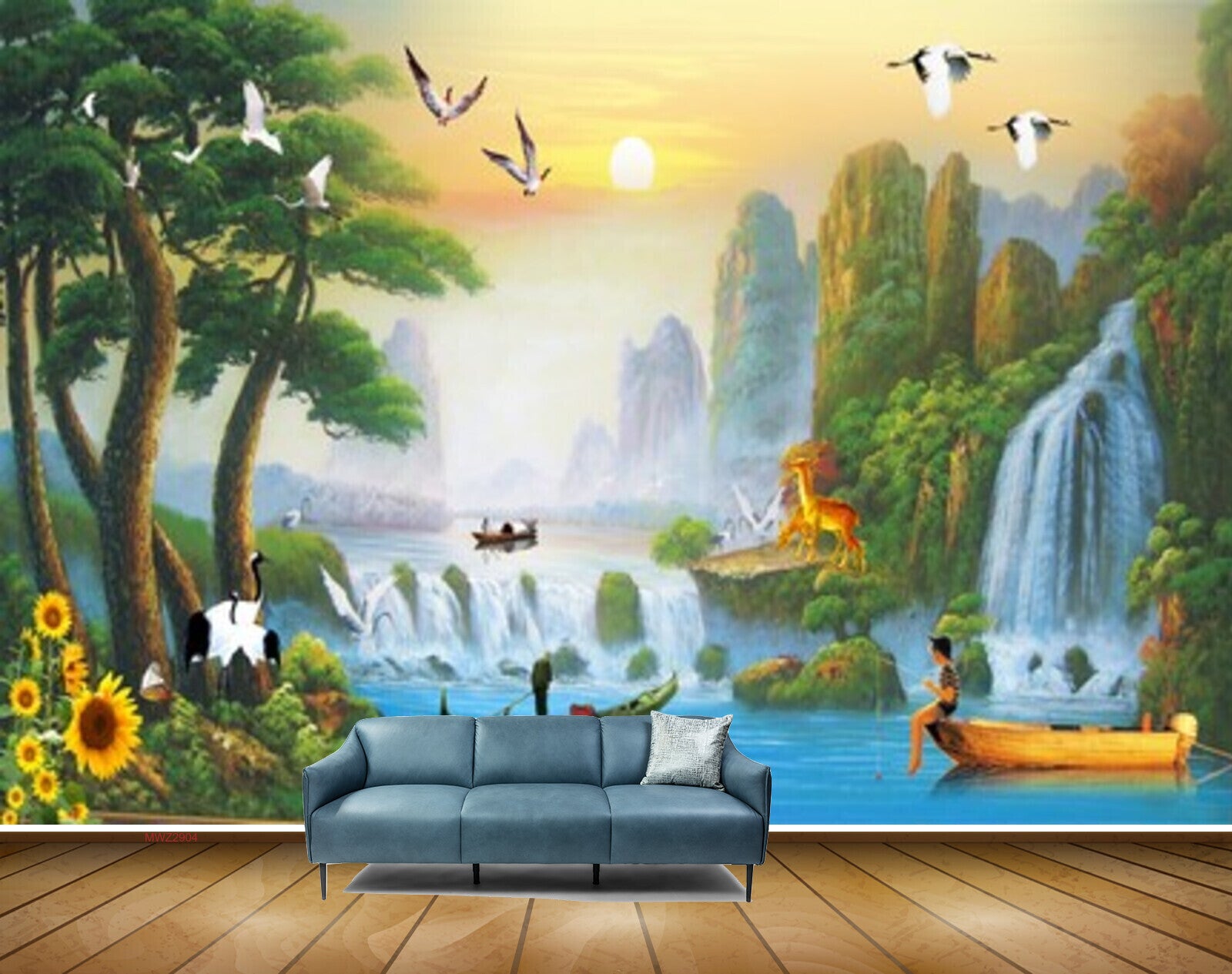 Avikalp MWZ2904 Waterfalls Trees Sunflowers Boat Man Birds Sun Mountains Grass Plants Cranes Birds Ducks River Pond Water Painting HD Wallpaper