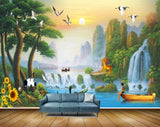 Avikalp MWZ2904 Waterfalls Trees Sunflowers Boat Man Birds Sun Mountains Grass Plants Cranes Birds Ducks River Pond Water Painting HD Wallpaper