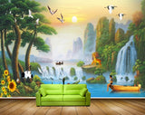 Avikalp MWZ2904 Waterfalls Trees Sunflowers Boat Man Birds Sun Mountains Grass Plants Cranes Birds Ducks River Pond Water Painting HD Wallpaper