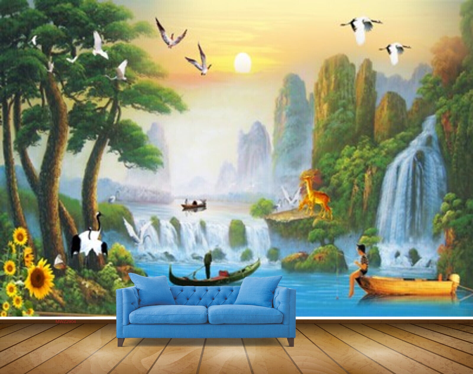 Avikalp MWZ2904 Waterfalls Trees Sunflowers Boat Man Birds Sun Mountains Grass Plants Cranes Birds Ducks River Pond Water Painting HD Wallpaper