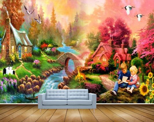 Avikalp MWZ2905 Birds Trees Houses Sunflowers Stones Childrens Bridge Boat Stones River Pond Water Cranes Grass Painting HD Wallpaper