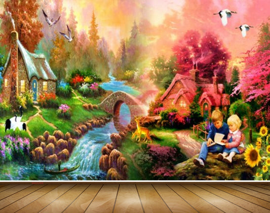 Avikalp MWZ2905 Birds Trees Houses Sunflowers Stones Childrens Bridge Boat Stones River Pond Water Cranes Grass Painting HD Wallpaper