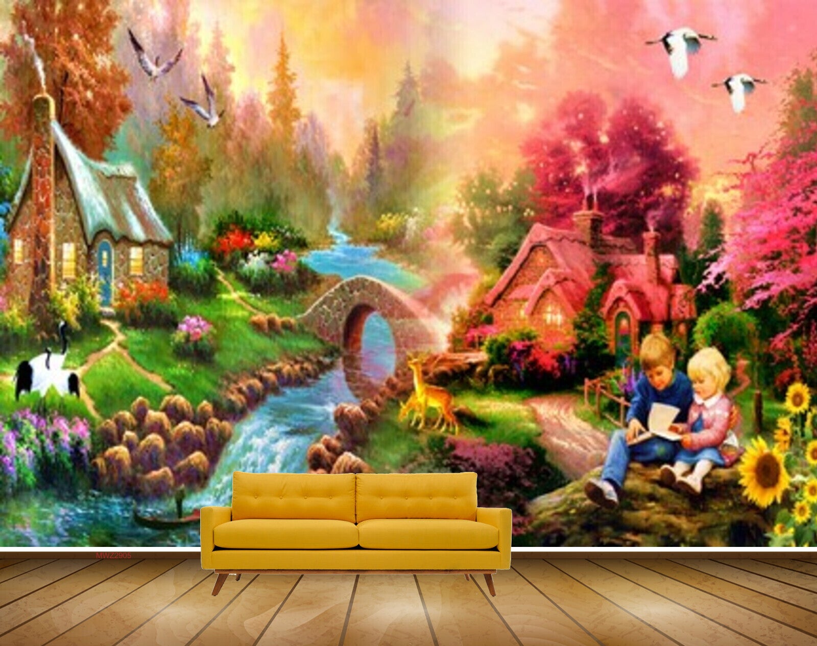 Avikalp MWZ2905 Birds Trees Houses Sunflowers Stones Childrens Bridge Boat Stones River Pond Water Cranes Grass Painting HD Wallpaper