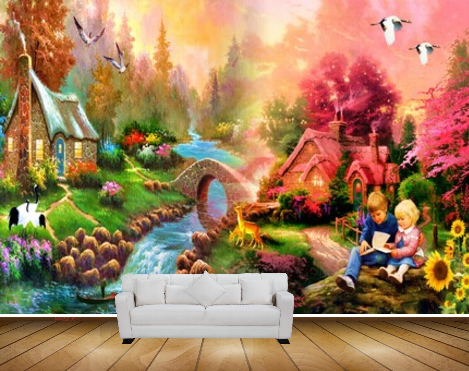 Avikalp MWZ2905 Birds Trees Houses Sunflowers Stones Childrens Bridge Boat Stones River Pond Water Cranes Grass Painting HD Wallpaper