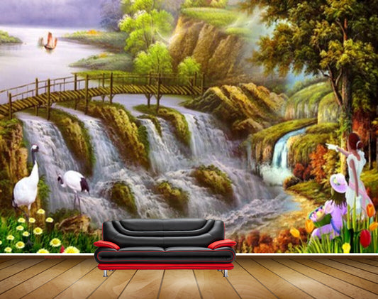 Avikalp MWZ2906 Birds Waterfalls Cranes Trees Flowers Girls Mountains Boat Bridge Plants Lake River Water Painting HD Wallpaper