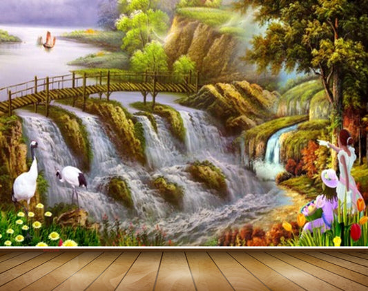 Avikalp MWZ2906 Birds Waterfalls Cranes Trees Flowers Girls Mountains Boat Bridge Plants Lake River Water Painting HD Wallpaper