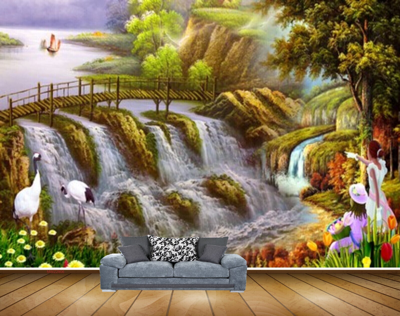 Avikalp MWZ2906 Birds Waterfalls Cranes Trees Flowers Girls Mountains Boat Bridge Plants Lake River Water Painting HD Wallpaper