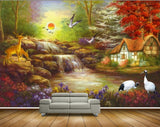 Avikalp MWZ2908 Sun Birds Deers Trees Waterfalls Houses Cranes Flowers Plants Stones River Pond Lake Water Painting HD Wallpaper