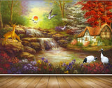 Avikalp MWZ2908 Sun Birds Deers Trees Waterfalls Houses Cranes Flowers Plants Stones River Pond Lake Water Painting HD Wallpaper