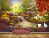 Avikalp MWZ2908 Sun Birds Deers Trees Waterfalls Houses Cranes Flowers Plants Stones River Pond Lake Water Painting HD Wallpaper