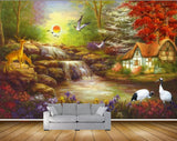 Avikalp MWZ2908 Sun Birds Deers Trees Waterfalls Houses Cranes Flowers Plants Stones River Pond Lake Water Painting HD Wallpaper