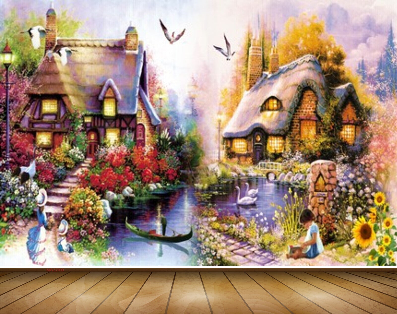 Avikalp MWZ2909 Houses Trees Flowers Boat Sunflowers Plants Girl River Lake Pond Ducks Birds Painting HD Wallpaper