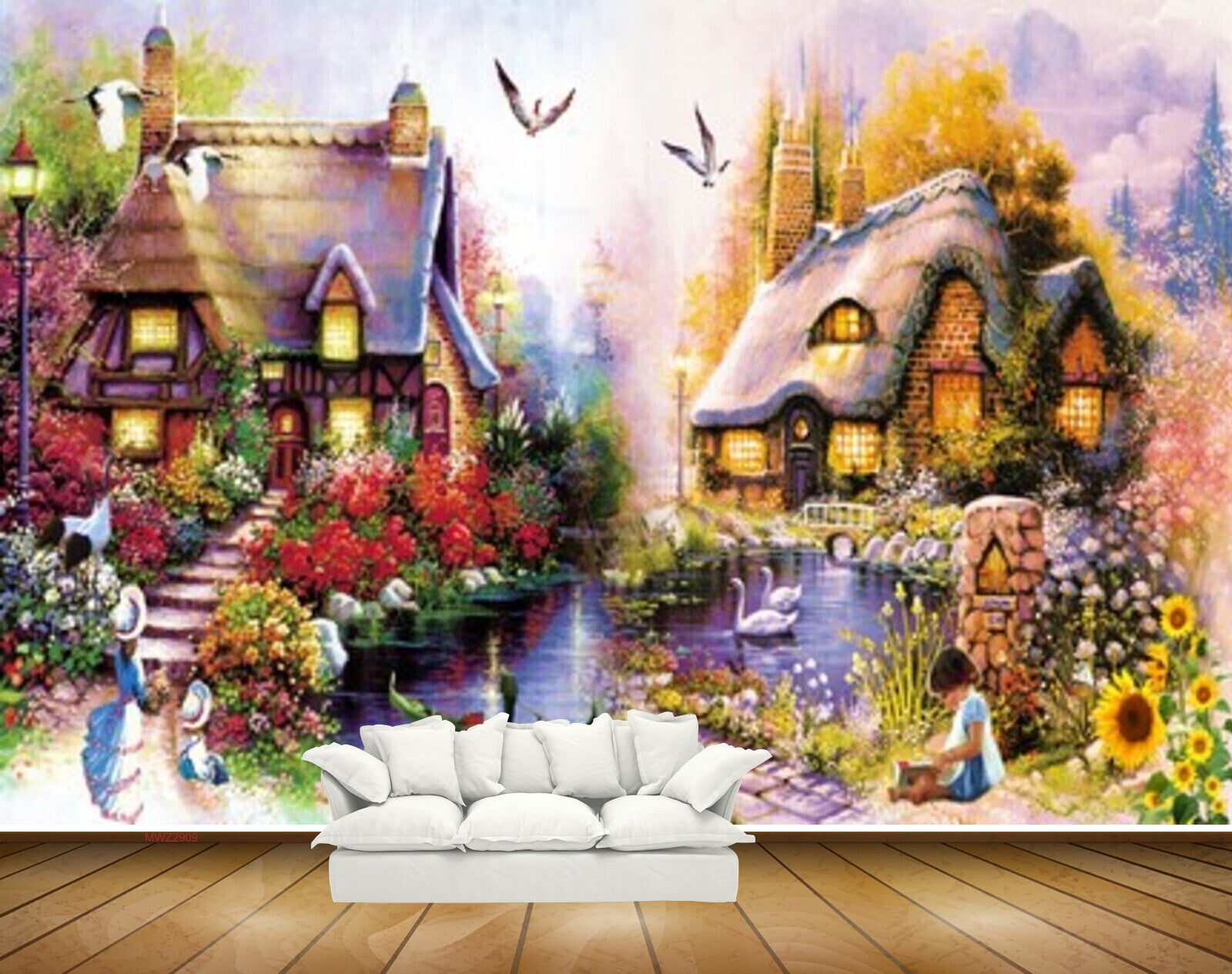 Avikalp MWZ2909 Houses Trees Flowers Boat Sunflowers Plants Girl River Lake Pond Ducks Birds Painting HD Wallpaper