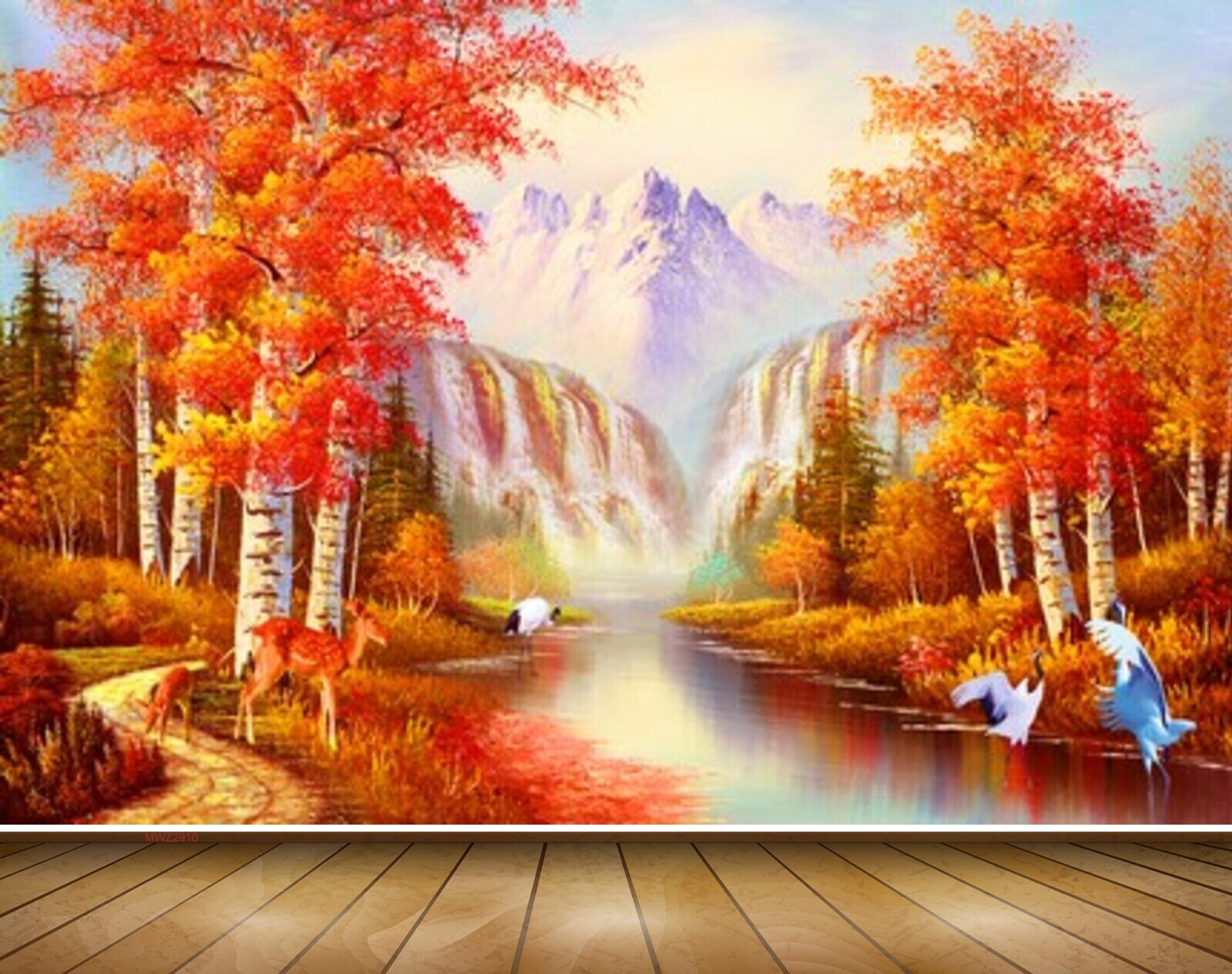 Avikalp MWZ2910 Mountains Waterfalls Grass Orange Leaves Trees Deers Lake River Water Cranes Off Road Painting HD Wallpaper