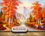 Avikalp MWZ2910 Mountains Waterfalls Grass Orange Leaves Trees Deers Lake River Water Cranes Off Road Painting HD Wallpaper