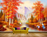 Avikalp MWZ2910 Mountains Waterfalls Grass Orange Leaves Trees Deers Lake River Water Cranes Off Road Painting HD Wallpaper