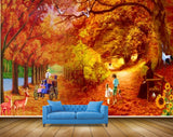 Avikalp MWZ2911 Orange Trees Leaves Deers People Flowers Bench Horsecart Cranes Painting HD Wallpaper