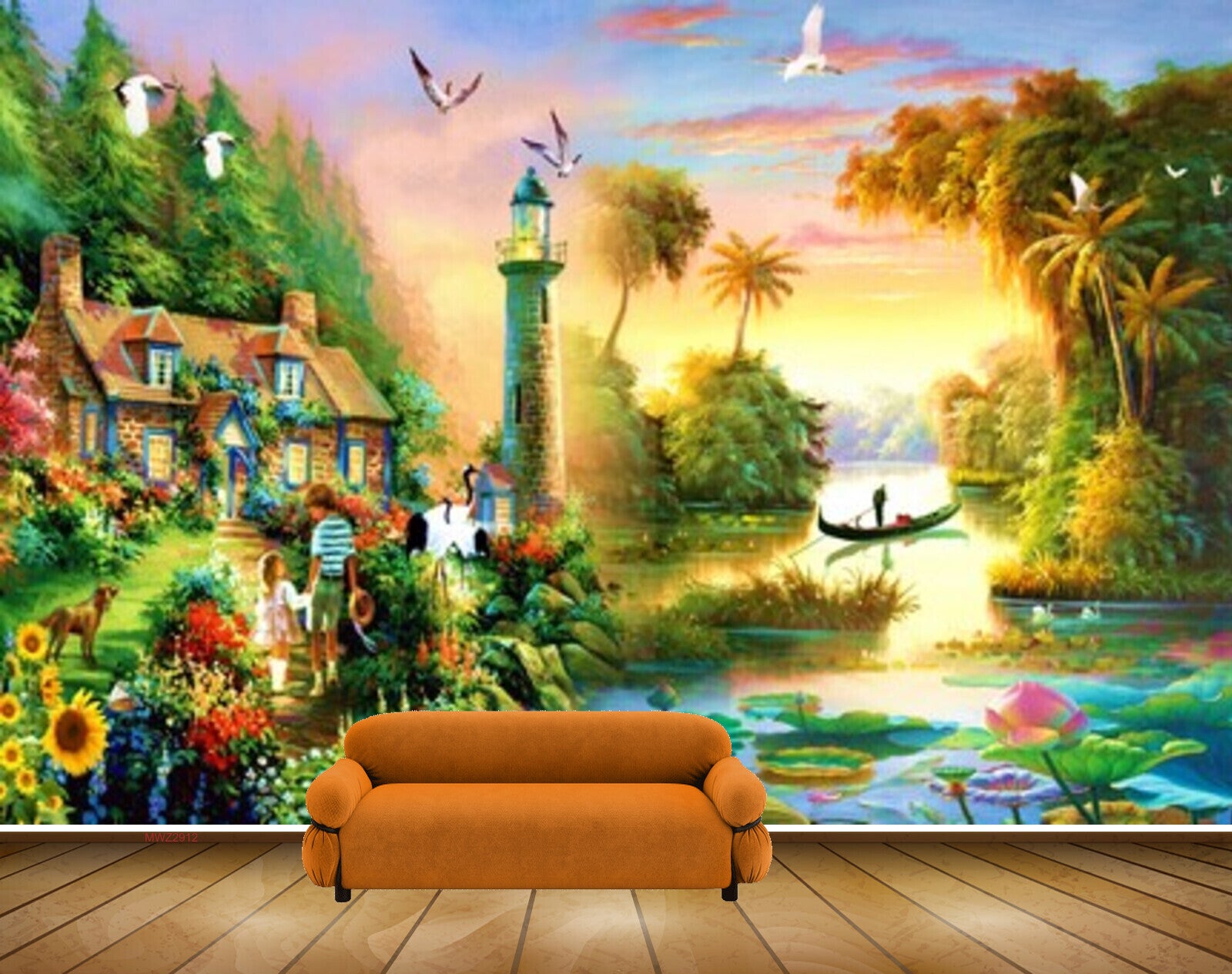 Avikalp MWZ2912 Birds Trees Houses Flowers Lotus Lake River Pond Water Birds Plants Cranes Boat Painting HD Wallpaper