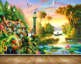 Avikalp MWZ2912 Birds Trees Houses Flowers Lotus Lake River Pond Water Birds Plants Cranes Boat Painting HD Wallpaper