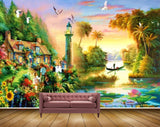 Avikalp MWZ2912 Birds Trees Houses Flowers Lotus Lake River Pond Water Birds Plants Cranes Boat Painting HD Wallpaper