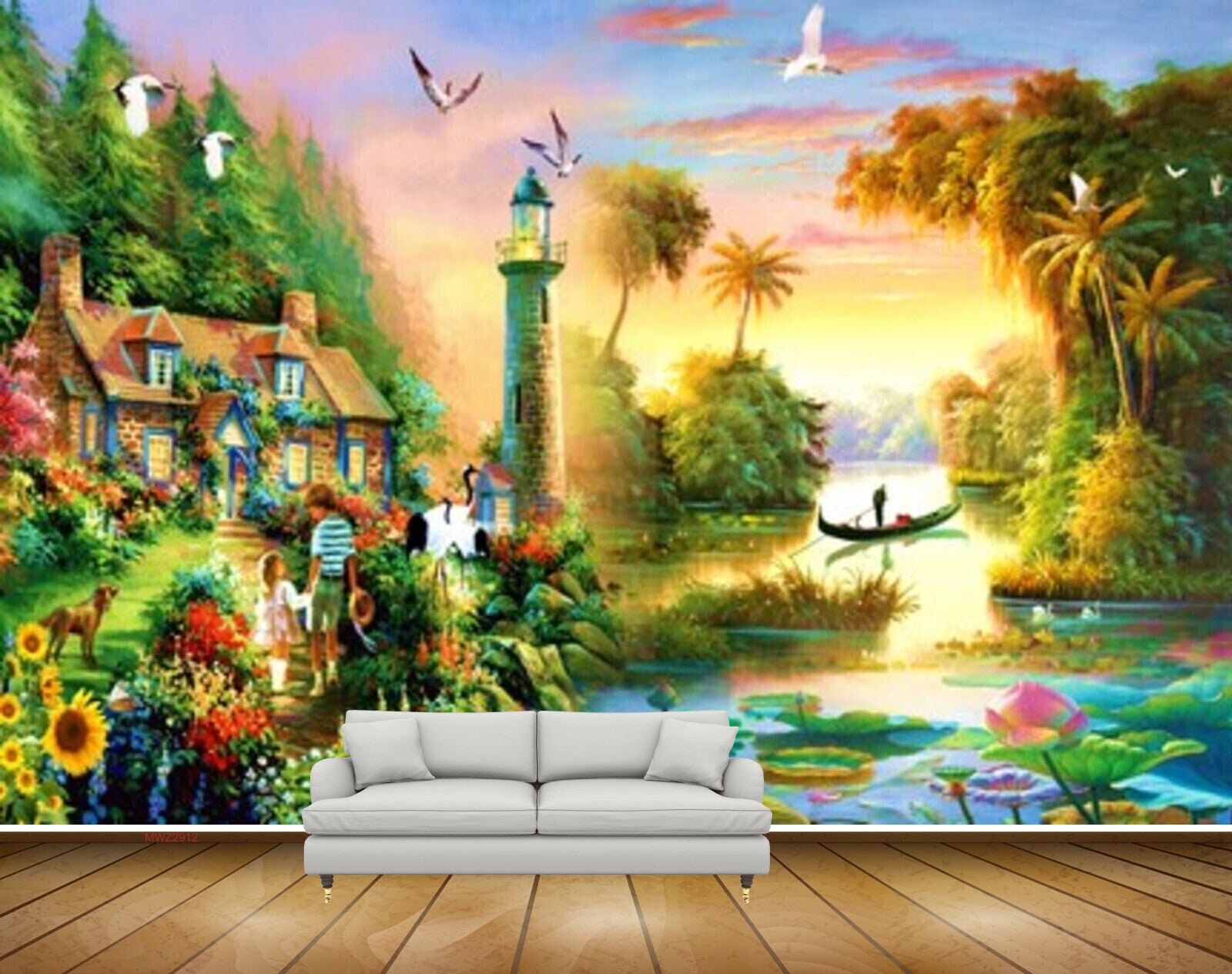 Avikalp MWZ2912 Birds Trees Houses Flowers Lotus Lake River Pond Water Birds Plants Cranes Boat Painting HD Wallpaper