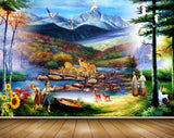 Avikalp MWZ2913 Mountains Birds Deers People Flowers Grass Cranes Stones River Pond Water Painting HD Wallpaper