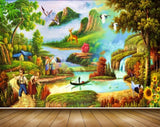 Avikalp MWZ2914 Waterfalls Birds Mountains Kids Boat Trees Deers Flowers River Pond Grass Plants Painting HD Wallpaper