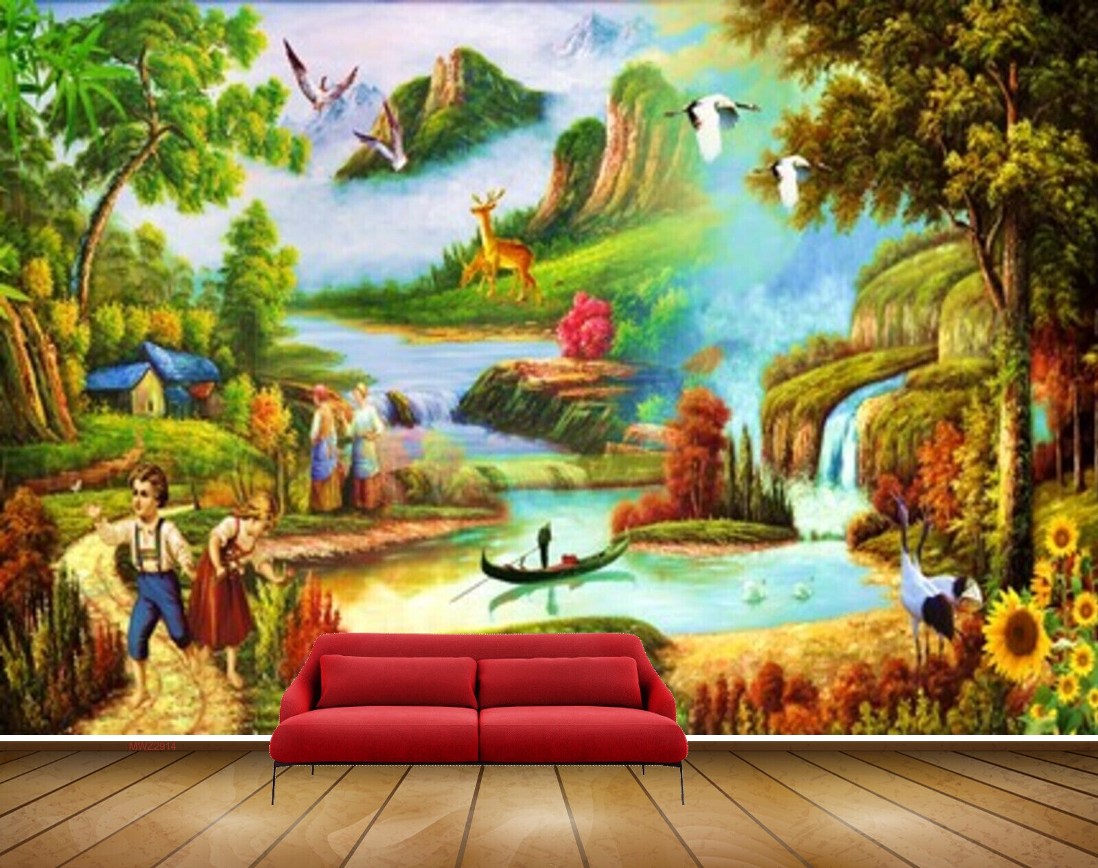 Avikalp MWZ2914 Waterfalls Birds Mountains Kids Boat Trees Deers Flowers River Pond Grass Plants Painting HD Wallpaper