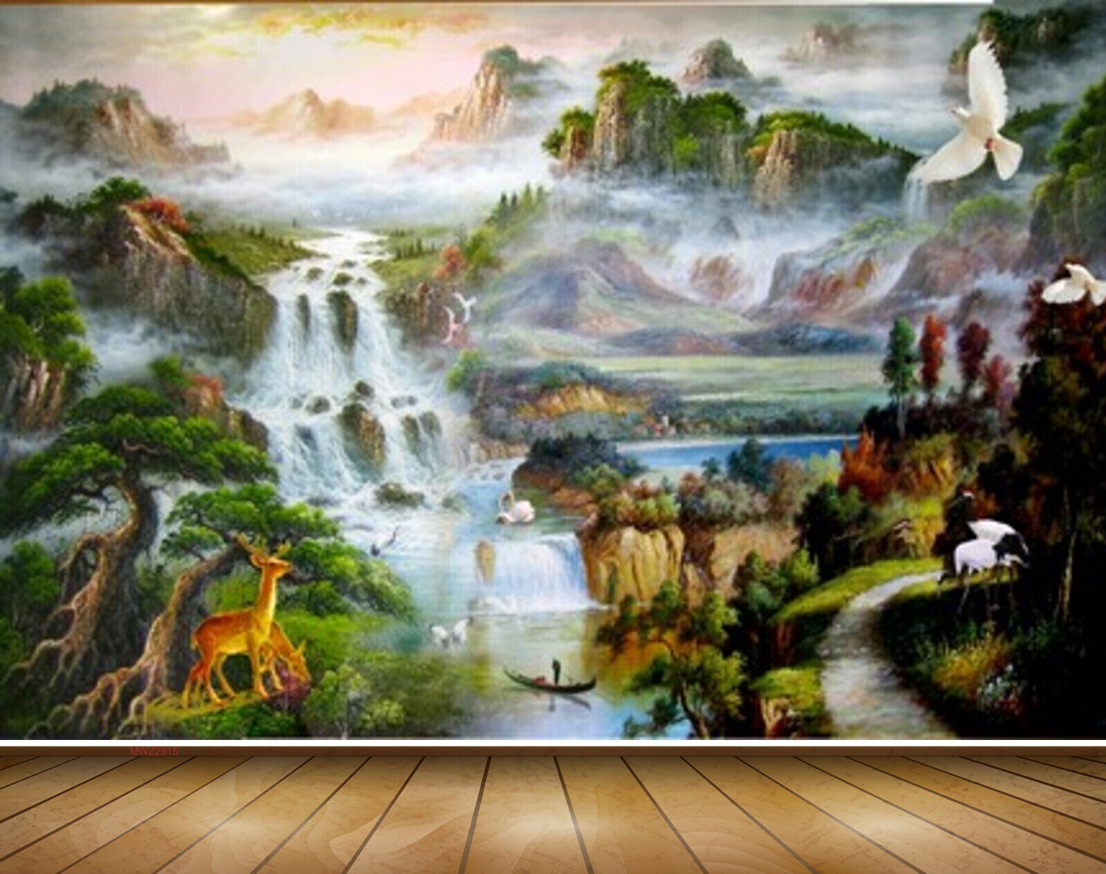 Avikalp MWZ2915 Waterfalls Mountains Deers Trees Cranes Boat Birds Ducks Clouds River Pond Lake Water Painting HD Wallpaper