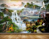 Avikalp MWZ2915 Waterfalls Mountains Deers Trees Cranes Boat Birds Ducks Clouds River Pond Lake Water Painting HD Wallpaper