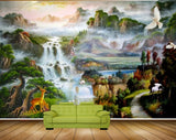 Avikalp MWZ2915 Waterfalls Mountains Deers Trees Cranes Boat Birds Ducks Clouds River Pond Lake Water Painting HD Wallpaper