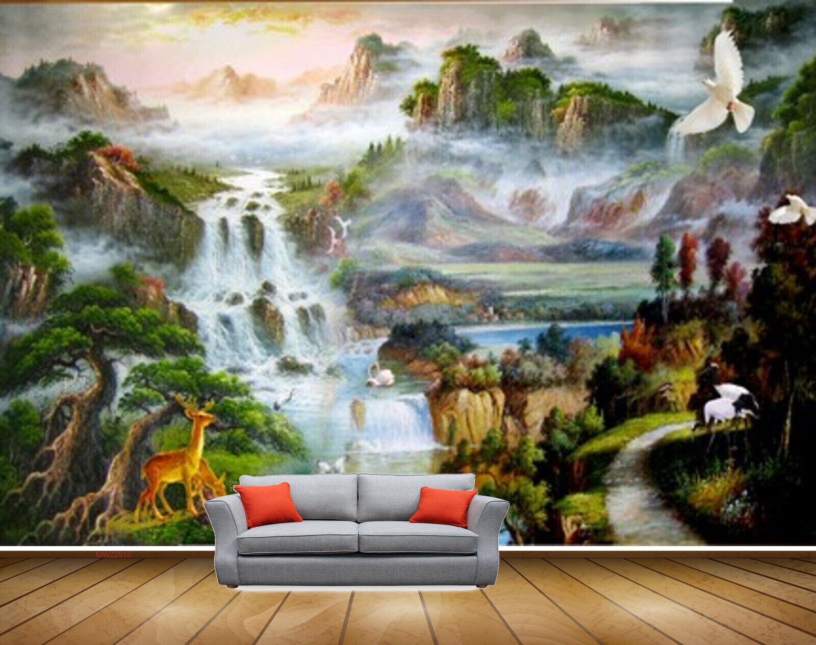 Avikalp MWZ2915 Waterfalls Mountains Deers Trees Cranes Boat Birds Ducks Clouds River Pond Lake Water Painting HD Wallpaper