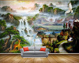 Avikalp MWZ2915 Waterfalls Mountains Deers Trees Cranes Boat Birds Ducks Clouds River Pond Lake Water Painting HD Wallpaper
