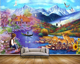Avikalp MWZ2916 Birds Mountains House Boy Lake Deers Flowers Stones Boat River Pond Lake Water Painting HD Wallpaper