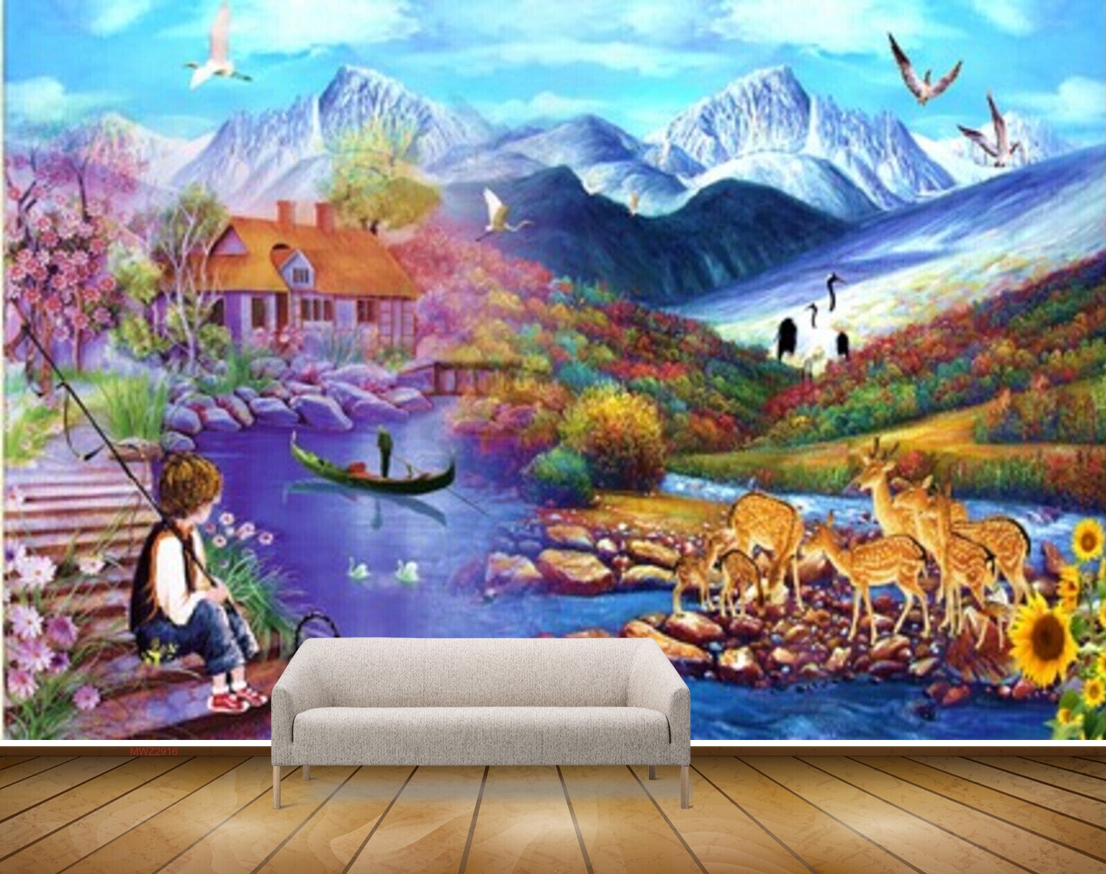 Avikalp MWZ2916 Birds Mountains House Boy Lake Deers Flowers Stones Boat River Pond Lake Water Painting HD Wallpaper